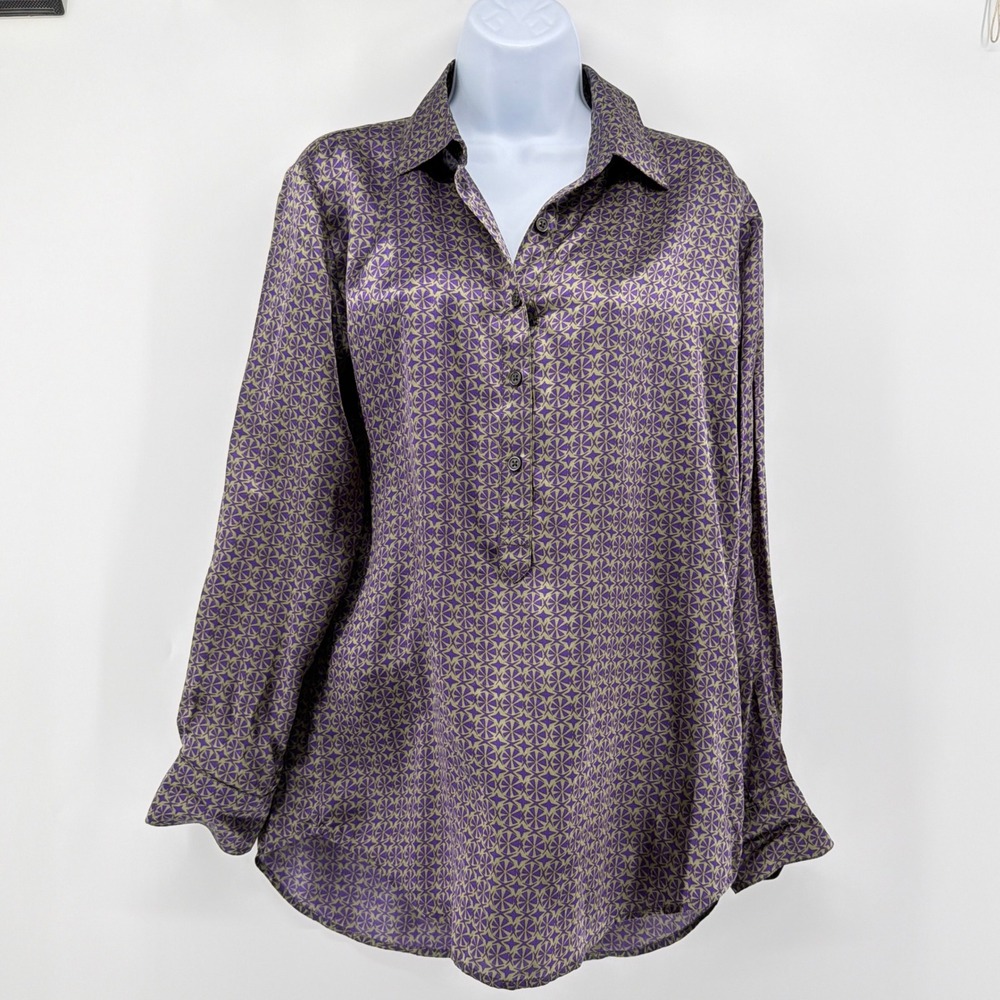 Cabi 100% Silk Popover Blouse Purple Olive Green Geometric Tunic Top Small 117